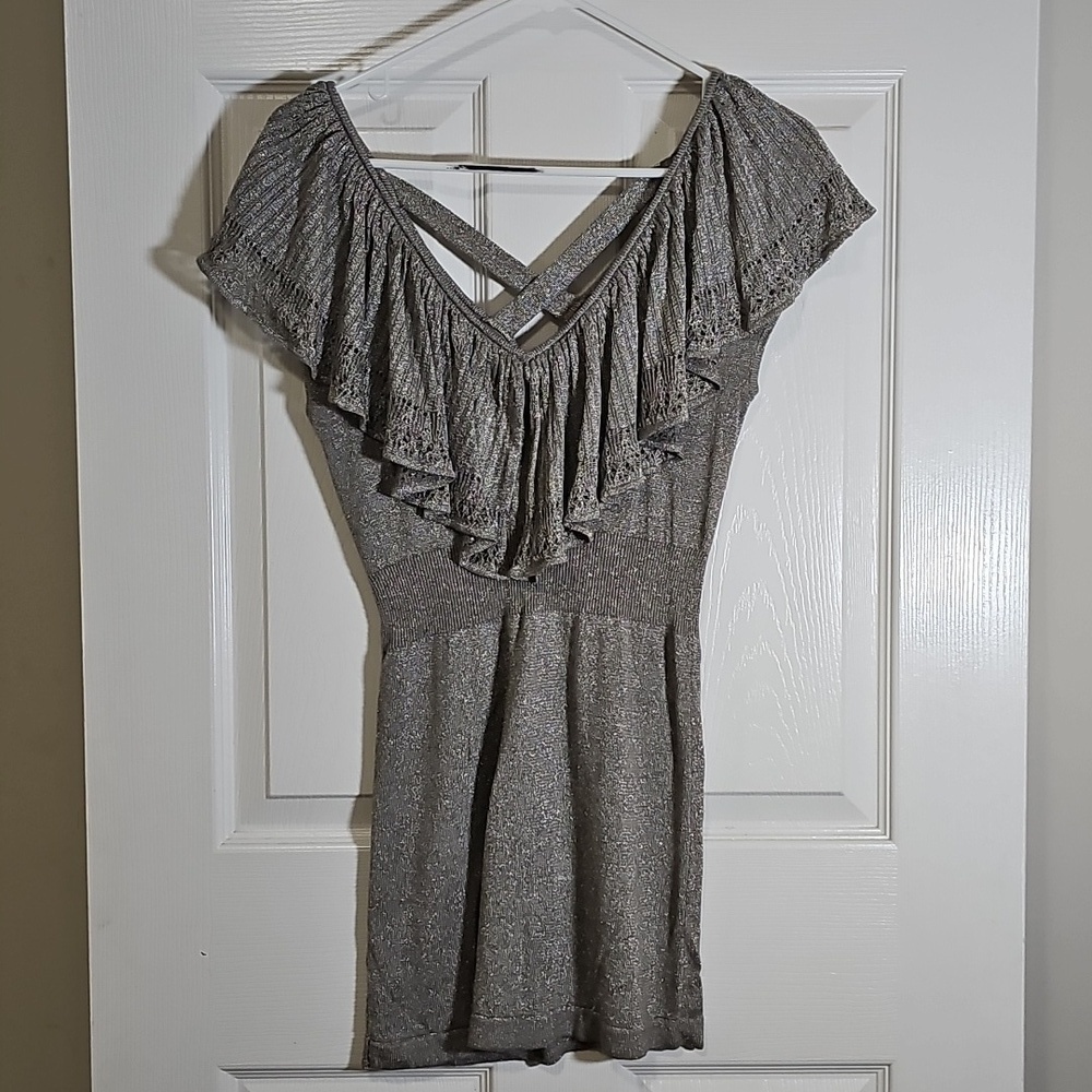Arden B Silver Metallic Top Criss Cross Back Stertch Sparkle Tunic Shirt Size M